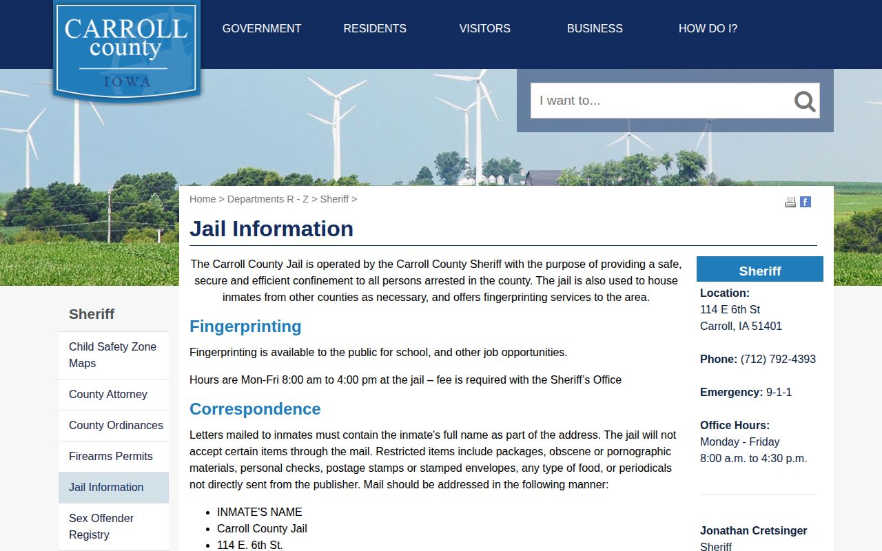 Official Carroll County Jail information page without a public inmate roster