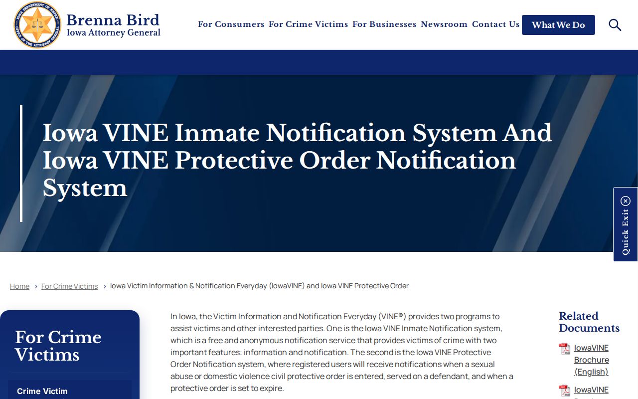 Iowa Attorney General IowaVINE information page describing free custody alerts